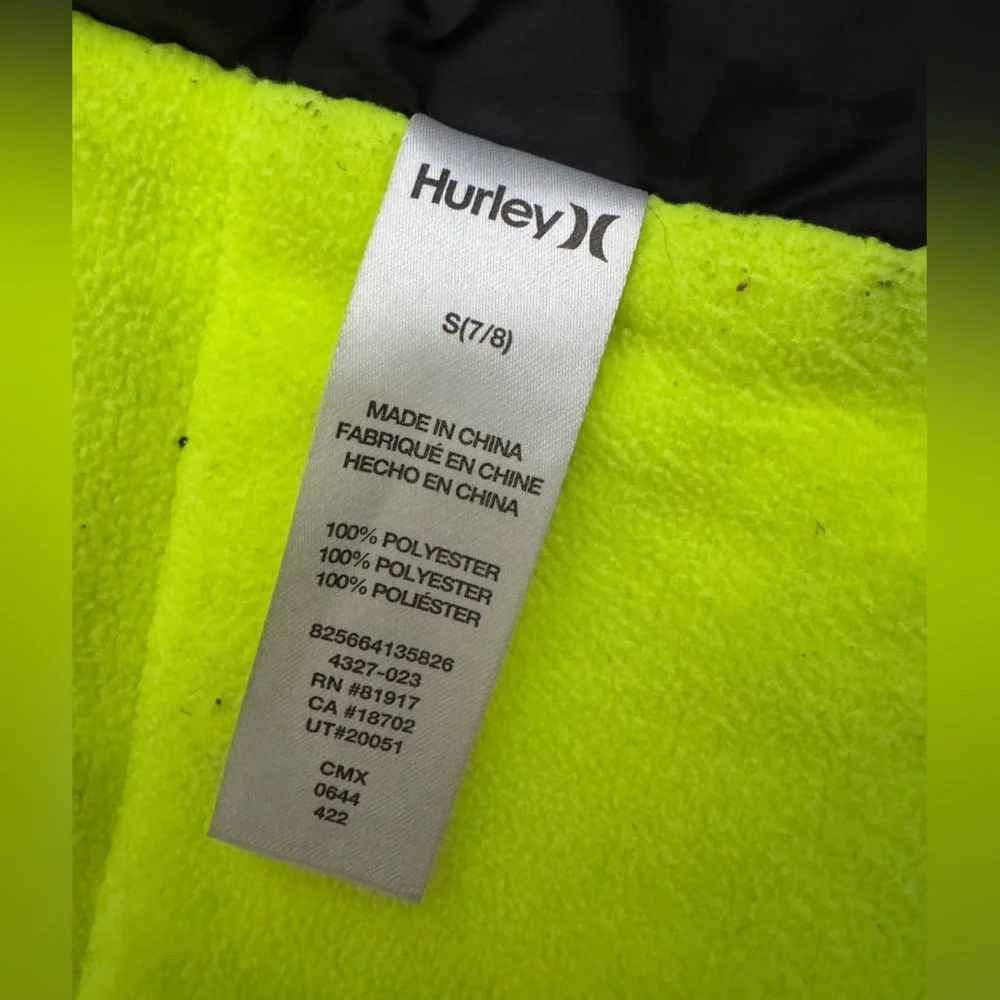 Kids Hurley Black Jacket with Neon yellow accents size s(7/8)